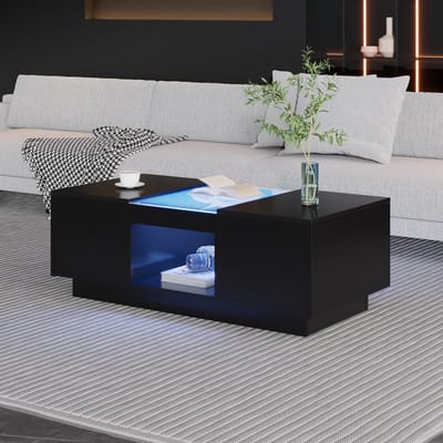 Wishdor Zwarte salontafel 100×50×35,5 cm – glasinzet, LED-sfeerverlichting met app-besturing, 2 lades en open vak