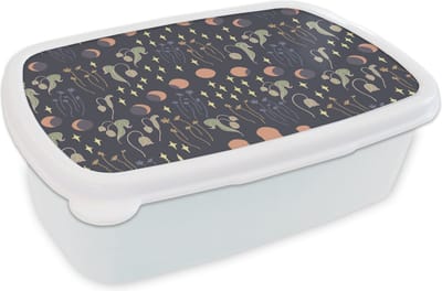 Broodtrommel Wit - Lunchbox - Brooddoos - Ruimte - Maan - Sterren - Bloemen - Patroon - 18x12x6 cm - Volwassenen