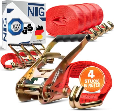 4 Stuks Spanbanden met Ratel - 10 Meter Lengte, 5 Ton Draagkracht, 50 mm Breed - Inclusief Haken