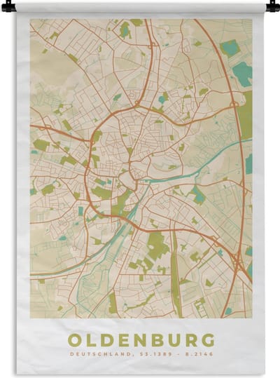 Wandkleed - Wanddoek - Kaart - Oldenburg - Vintage - Plattegrond - Stadskaart - 120x180 cm - Wandtapijt