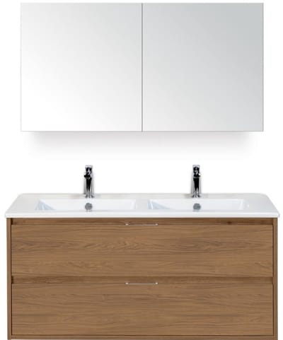 Porto Badmeubelset 120 cm - 2 Laden Honey - Keramische Wastafel Wit Slim met Spiegelkast