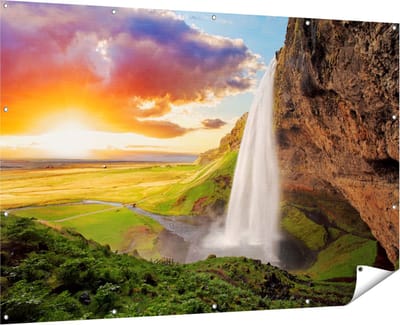 Gards Tuinposter Waterval in IJsland met Zonsondergang - 180x120 cm - Tuindoek - Tuindecoratie - Wanddecoratie buiten - Tuinschilderij