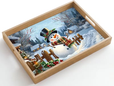 Dienblad hout 50x35 cm - Schootdienblad - Sneeuwpop - Winterdorp - Kleurrijk - Borrelplank rechthoek - Plateau dienbladen