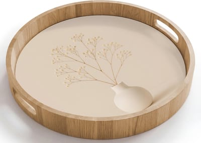 Dienblad rond 40x40 cm - Schootdienblad hout - Vaas - Takken - Bloemetjes - Wit - Borrelplank rechthoek - Plateau houten dienbladen