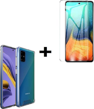 Geschikt voor Samsung Galaxy A71 / A71s Backcover Hard Case hoesje met versterkte randen Transparant + Screenprotector Tempered Gehard Glas Pearlycase