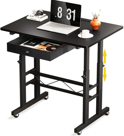 GTPLAYER - Hoogteverstelbaar Bureau - Met Lades en Rollen 80x50 cm - Zwart