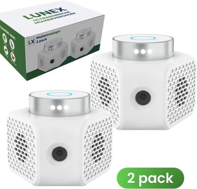 Lunex 2-Pack Ultrasonische Muizenverjager - Ongedierte Verjager Voor Binnen - Ultrasone 360 Graden & 4 Modi