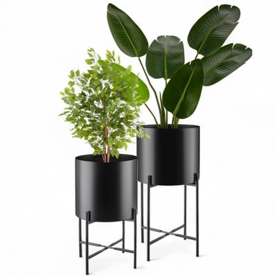 tectake® Plantenstandaard Mine - Set van 2 Plantenhouders - Ø31 x 56 cm en Ø30 x 45,5 cm - Plantentafeltje voor Binnen en Buiten - Plantenkruk - Bloempot Standaard - Houder voor Planten en Bloemen - Zwart