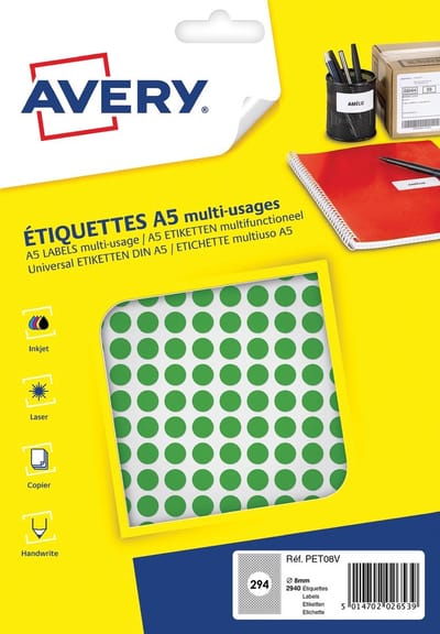 Etiket Avery A5 8mm rond      blister 2940st groen
