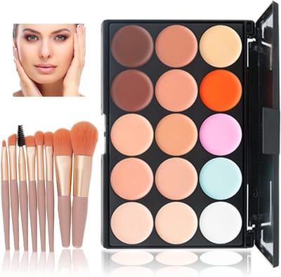 Kleurcorrectie Make-up Palette met 15 Crème Tinten en 8 Make-up Kwasten voor een Perfecte Huidteint en het Verbergen van Oneffenheden