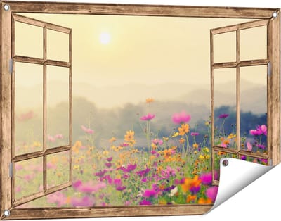 Gards Tuinposter Doorkijk Bloemenveld met Kosmos - Zonsondergang - 90x60 cm - Tuindoek - Tuindecoratie - Wanddecoratie buiten - Tuinschilderij