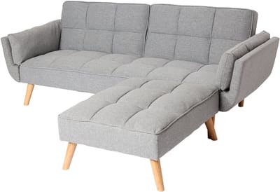 Slaapbank MCW-K18 met voetenbank, slaapbank, slaapfunctie 218x175cm ~ stof/textiel lichtgrijs
