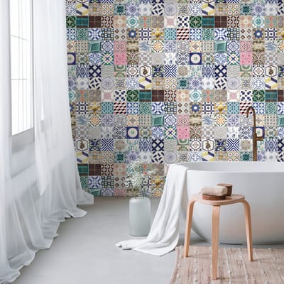Fotobehang Profhome 398361-GU vliesbehang hardvinyl warmdruk in reliëf glad in tegel patroon mat blauw groen roze grijs 1,59 m x 2,8 m