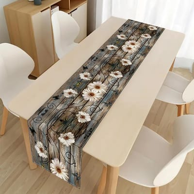 Retro Madeliefjes Print Houtnerf Linnen Tafel Runner Huis Decor Rustiek Boerderij Keuken Eettafel Runners Bruiloft Feest Decoratie 150x33cm