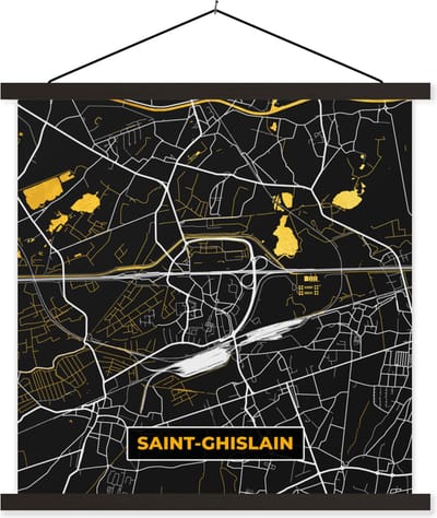 Posterhanger incl. Poster 60x60 cm - Schoolplaat - Kaart - Plattegrond - Saint-Ghislain - Gold - Stadskaart - Textielposter - Zwarte latten - Stadskaart