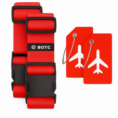 BOTC Kofferriem met Kofferlabel - 4-Delig - 2 Kofferband en 2 Bagagelabel - bagageriemen - Bagageband - Verstelbaar - Rood
