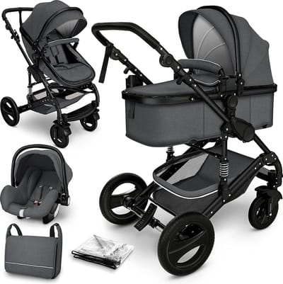 Kinderwagen 3 in 1 - inclusief accessoires - Antraciet/Zwart