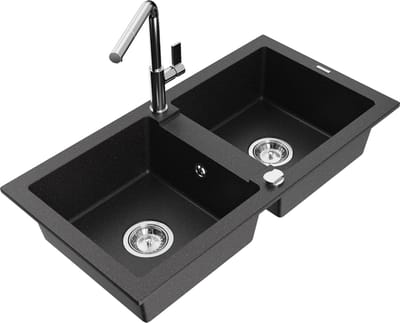 Mexen Mario granieten spoelbak met 2 koen en keukenkraan Flora, zwart/zilver metallic - 6504-73-670401-00