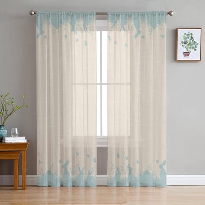 Pasen Ei Konijn Silhouet Tule Gordijnen Voor Woonkamer Slaapkamer Voile Transparant Gordijn Raam Huis Decoratie Draperieën 135W x 114H(cm) white