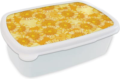 Broodtrommel Wit - Lunchbox - Brooddoos - Zonnebloem - Zomer - Patronen - Bloemen - 18x12x6 cm - Volwassenen