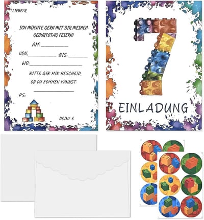 Uitnodigingen Kinderfeest - Blokjes Kaarten - Verjaardag Vieren - Creatief Blokken Design - 12 Stuks - Multicolor