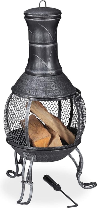 Antieke terraskachel voor buiten - Tuinhaard met vonkenscherm, pook en houtrooster - Hoogte 89 cm - Perfect voor terras en tuin