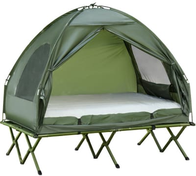 Verhoogd kampeerbed met koepeltent en luchtmatras inclusief pomp, taft‑stof, groen, 193 x 136 x 178 cm voor buitenavonturen