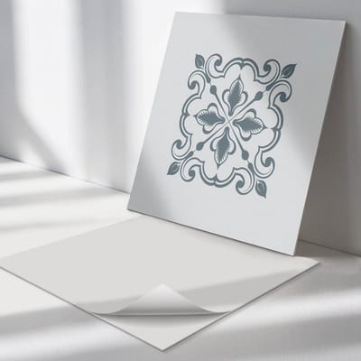 Wallfluent Vinyl Tegels - Plantenpatroon met Ornamenten Wand PVC Tegels - 30 cm x 30 cm - Grijs Vinyl Tegels - Set van 9 - Vierkant PVC Tegels - Texturen Plaktegels - Vinyl Tegels Zelfklevend - Plaktegels Keuken en Badkamer