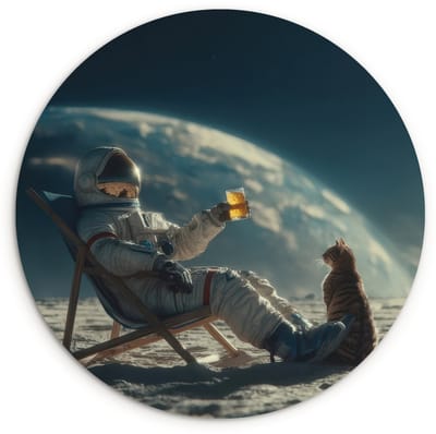 WallCircle® Wandcirkel 120x120 cm - Muurcirkel Astronaut - Kat - Glas - Stoel - Muurdecoratie woonkamer - Wanddecoratie slaapkamer - Kamer decoratie accessoires - Ronde schilderijen XXL