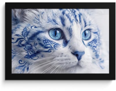 Poster in lijst - Fotolijst 30x20 cm - Posters - Kat - Patroon - Blauw - Posterlijst zwart - Decoratie - Wanddecoratie woonkamer - Muurdecoratie slaapkamer