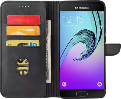 Geschikt voor Samsung Galaxy A3 2016 Telefoonhoesje Kunstleer met Magnetisch lipje en Pasjeshouder Book Case met Klepje - Zwart - Smartphonica geschikt voor Samsung Galaxy A3 (2016)