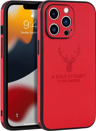 Luxe Lederen Telefoonhoes met Bumper – Geschikt voor iPhone 17 – Schokbestendige Beschermhoes met Zachte Backcover, Business Case met Hertenhoofd Design - Rood