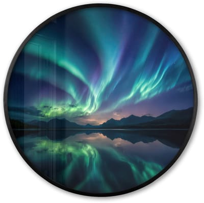 Poster in lijst Rond - Fotolijst 60x60 cm - Posters - Noorderlicht - Kleurrijk - Bergmeer - Ronde posterlijst zwart - Decoratie - Wanddecoratie woonkamer - Muurdecoratie slaapkamer