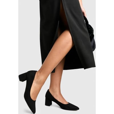 boohoo Dames Brede pasvorm nep suede lage block court schoen | Zwart | Maat: 37
