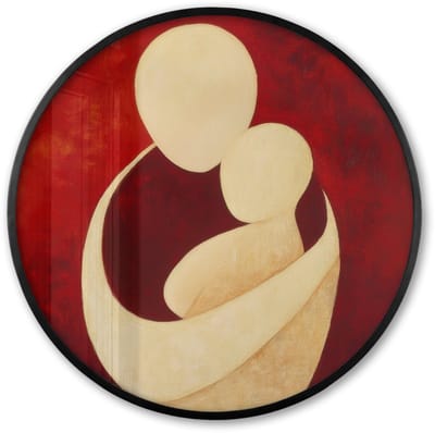 Poster in lijst Rond - Fotolijst 60x60 cm - Posters - Abstract - Moeder - Kind - Rood - Ronde posterlijst zwart - Decoratie - Wanddecoratie woonkamer - Muurdecoratie slaapkamer
