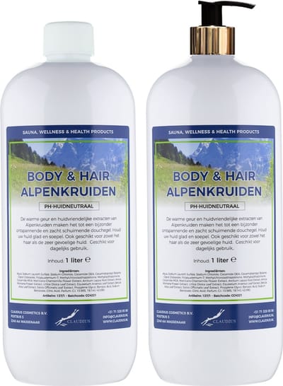 Body & Hair Alpenkruiden 1 liter met gouden pomp - set van 2 stuks - 2 in 1 voor lichaam en haar - voordeelverpakking