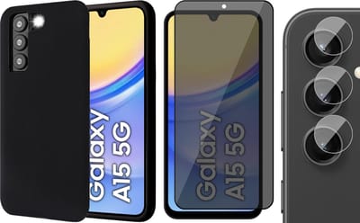Hoesje geschikt voor Samsung Galaxy A15 - Privacy Screenprotector Volledig Dekkend Glas & Camera - Mat Back Case Zwart