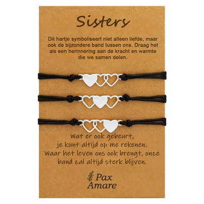 Vriendschapsarmbandjes voor 3 "Sisters" - Hartjes - BFF Armbandjes met Cadeau Kaartje - Zilverkleurig - Elastisch Verstelbaar - Pax Amare