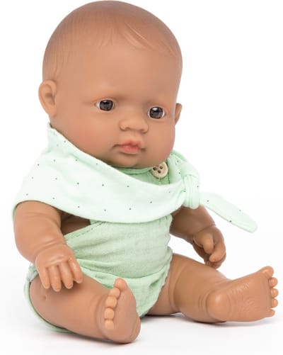 ML Poppen: BABYPOP LATIJNS-AMERIKAANSE JONGEN AANGEKLEED 21cm, met vanillegeur, waterdicht, anatomisch correct, in vinyl. Made in Spain, 10m+