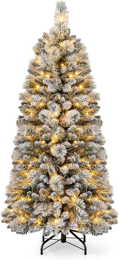 COSTWAY Kunstkerstboom met verlichting, 150 cm, pop-up dennenboom met 130 warmwitte ledlampen en 378 takuiteinden, gevlokte kerstboom, kunstboom voor thuis, bedrijf en kantoor