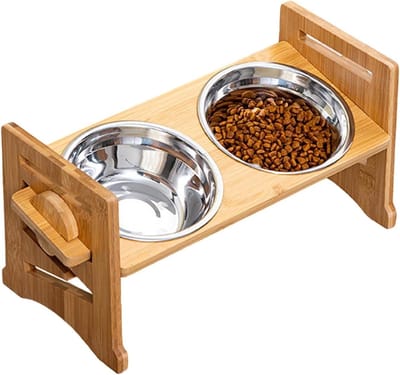 Verhoogde Hondenbakken - Voerbak Standaard - Comfortabel Eten - Verstelbaar 15 Graden - 42x19.5x18.5 cm - Houtkleur