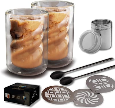 Spiraalvormige Dubbelwandige Cappuccino Latte Macchiato Thee Kopjes - Thermo borosilicaat Glas Set Vaatwasmachinebestendig - Met Zwarte Lepels En Koffie Accessoires