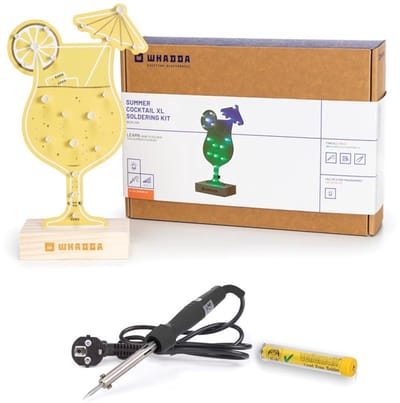 Whadda Soldeerkit, XL cocktail met 19 RGB LED's en houten standaard, promotieset met gratis soldeerbout en soldeer, gele XL PCB, educatieve en creatieve STEM-kit