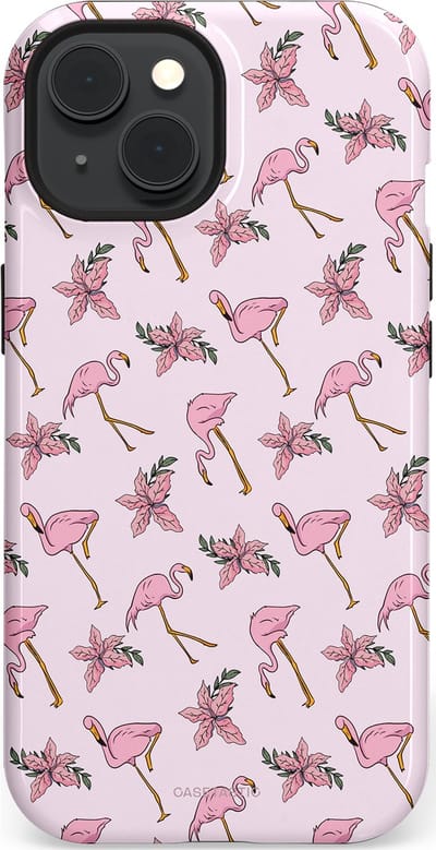 Casetastic hoesje geschikt voor Apple iPhone 15 - MagSafe - Dubbellaagse bescherming - Tropisch Roze Flamigo Bloemen Paradijs - Fashion Case - Lichtgrijs Wit Lichtroze