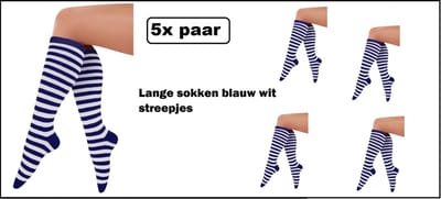 5x Paar Lange sokken blauw/wit streepjes mt. 36-42 - Themafeest party carnaval festival thema feest