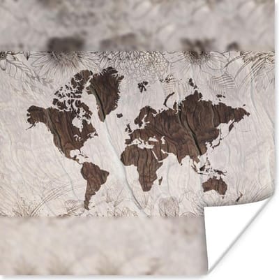 Poster 30x30 cm - Wereldkaart - Bruin - Bloem - Posters - Kamer decoratie - Wanddecoratie woonkamer - Muurdecoratie slaapkamer
