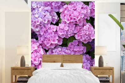 Behang - Fotobehang Bloemen - Hortensia - Struik - Roze - Bloemblaadjes - Breedte 190 cm x hoogte 260 cm