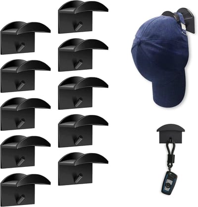 10 Stuks Zelfklevende Hoedhaken voor Mutsen en Petten - Wandmontage zonder Boren, Ideaal voor Slaapkamer en Kasten (Zwart)