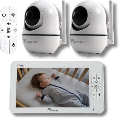 Momini DreamWatcher Draadloze Babyfoon met 2 Camera's - Videobabyfoon - 7" HD LCD Scherm - Nachtzicht - 360° Rotatie - 300m Bereik - Wit