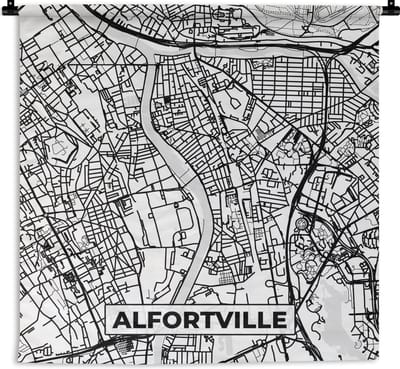 Wandkleed - Wanddoek - Stadskaart - Plattegrond - Kaart - Alfortville - Frankrijk - Zwart wit - 180x180 cm - Wandtapijt